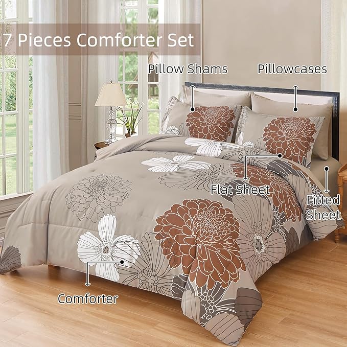 Yiran Taupe Brown Comforter Set Queen Size,7 Pieces Bed in a Bag Floral Comforter,Soft Microfiber Bedding Sets for All Seasons,90"×90"