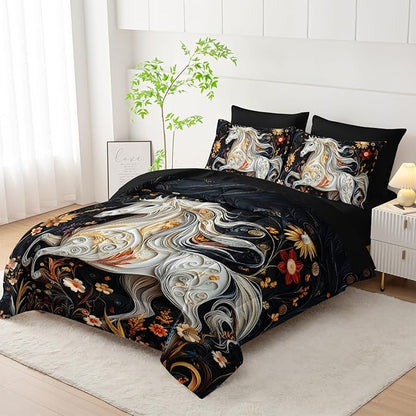 7 Piece Horse Comforter Set Full Size，Full Size Horse Quilt Bedding Set，(1 Comforter, 1 Flat Sheet, 1 Fitted Sheet, 2 Pillowcase and 2 Pillow Sham)
