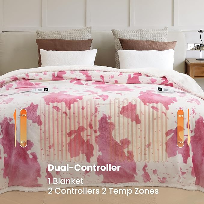 Cow Print Heated Electric Blanket King Size-Heating Blanket King Size with 10 Heat Levels & 10 Hours Auto-Off, Cozy Soft Fleece Sherpa, Washable, 90x100 Inche Cow Print Pink
