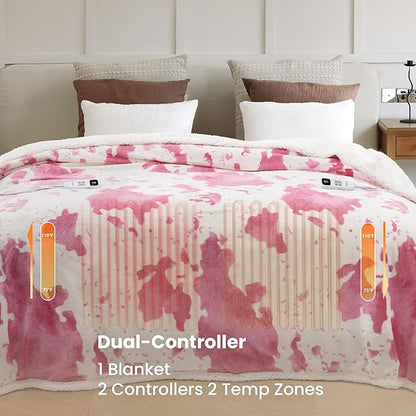 Cow Print Heated Electric Blanket King Size-Heating Blanket King Size with 10 Heat Levels & 10 Hours Auto-Off, Cozy Soft Fleece Sherpa, Washable, 90x100 Inche Cow Print Pink