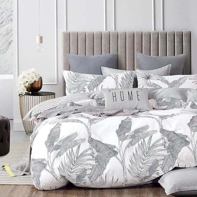 Botanical Cotton Comforter Queen Size - White Comforter with Delicate Black Leaves Patterns,Grey Reversible Lightweight Bedding Sets 3Pcs(Stripes)