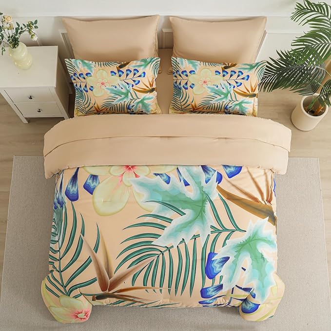 Yogeneg 7 Piece Bed in a Bag King Size Comforter Set Khaki Bedding Set,Yellow Floral Green Leaves Pattern Reversible Design,Soft Microfiber Comforter with Sheet Set,All Season(Khaki,King)