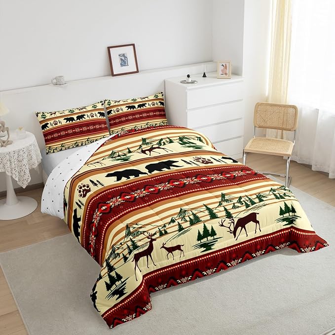 Feelyou Bohemian Deer Bedding Sets Queen Bear Wildlife Hunting Theme Comforter Cabin Decor Boho Western Duvet Insert for Adult Women Men Retro Boho Wildlife Down Comforter Geometric Quilt 3Pcs