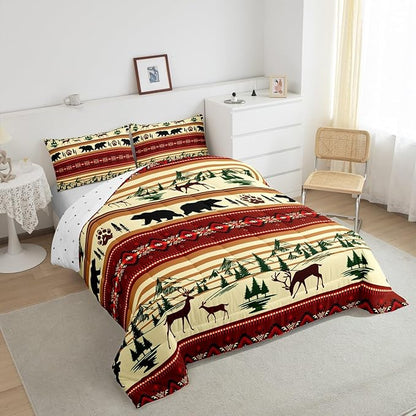 Feelyou Bohemian Deer Bedding Sets Toddler Bear Wildlife Hunting Theme Comforter Cabin Decor Boho Western Duvet Insert for Adult Women Men Retro Boho Wildlife Down Comforter Geometric Quilt 2Pcs
