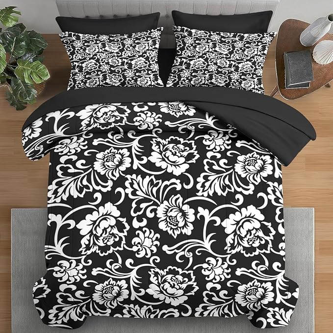 Comforter Set King Size, Vintage Floral Flower 7 Pcs Bedding for Kids and Adults, Leaf Plant Black Bed Sheet Sets with Fitted Sheet 2 Pillowcases & 2 Shams for Bedroom Bed Decor