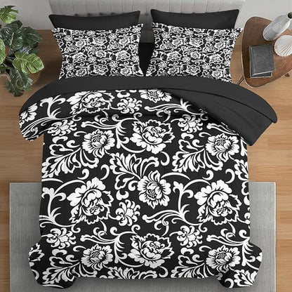 Comforter Set King Size, Vintage Floral Flower 7 Pcs Bedding for Kids and Adults, Leaf Plant Black Bed Sheet Sets with Fitted Sheet 2 Pillowcases & 2 Shams for Bedroom Bed Decor