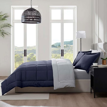 Nestl 7 Piece Full Comforter Set – Navy Reversible Bed in a Bag – Complete Full Size Bedding Set with Sheets, Pillowcases and Shams