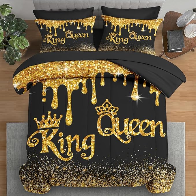 Comforter Set Queen Size, King Queen Black Gold Crown 7 Pcs Bedding for Kids and Adults, Royal Love Bed Sheet Sets with Fitted Sheet 2 Pillowcases & 2 Shams for Bedroom Bed Decor