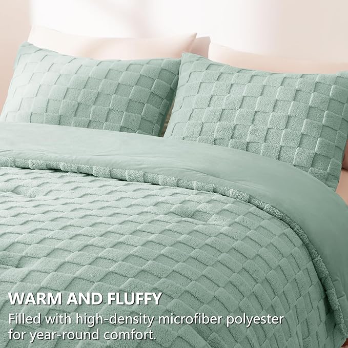 CozyLux Fleece Queen Comforter Set Sage Green,Super Soft & Warm Fluffy Bedding with Checkered Pattern,Luxury Fuzzy Heavy Bed Set for Winter,3 Pieces,1 Comforter and 2 Pillowcases