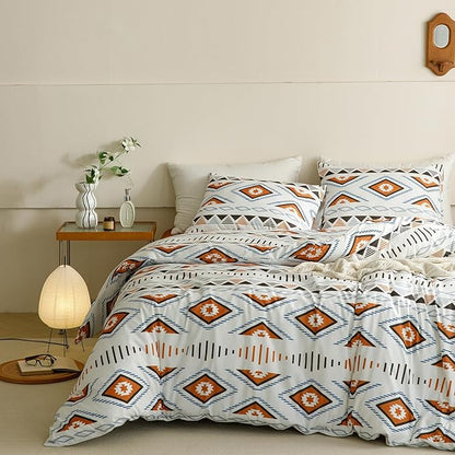 CLOTHKNOW Aztec Boho King Size Comforter Set Geometric Bedding Comforter Sets White Brown Comforter with 2 x Pillow Cases