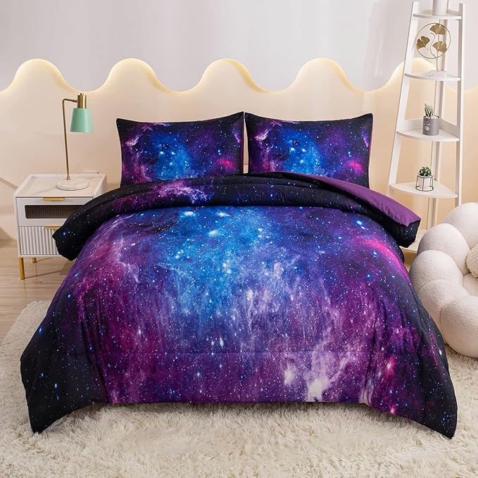 MWMWMW Galaxy Comforter Set Full, Purple Space Bedding Set, Purple Girls Bedding Sets Full with 1 Comforter, 2 Pillow Case