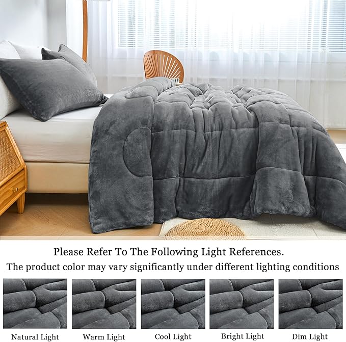Faux Fur Comforter Set, Ultra Soft Warm Plush Velvet Comforter, Fluffy Fuzzy Fleece Bedding Comforter Sets for Fall Winter, No Shedding, 3PC, King Size, Dark Grey