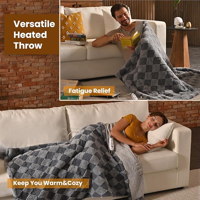 Bearhug Heated Throw Blanket 50" × 60", Electric Blanket Gray Teddy Faux Fur & Warm Sherpa, 4h Auto-Off Timer& 6 Heating Levels, Reversible Heated Throw, ETL Certified, Machine Washable, Gift Box
