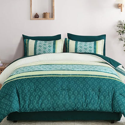 Cottolester Green Comforter Set King Size,Boho Striped Bed in a Bag,Spring Summer Plaid Comforter and Sheet Set, Soft Microfiber Complete Bedding Sets