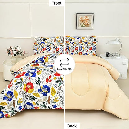 Floral Queen Comforter Set with Sheets, 7 Piece Luxury Vintage Bedding, Soft Microfiber Bed in a Bag, Cozy Lightweight Bed Set, Blue Orange Flower