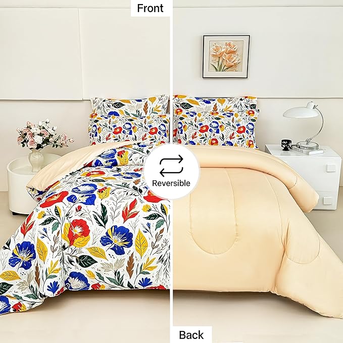 Floral King Comforter Set with Sheets, 7 Piece Luxury Vintage Bedding, Soft Microfiber Bed in a Bag, Cozy Lightweight Bed Set, Blue Orange Flower