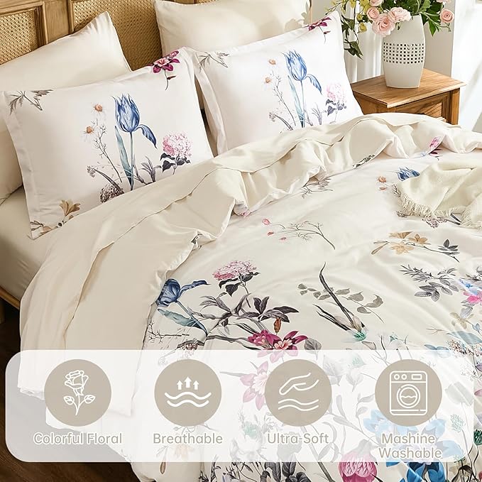 WONGS BEDDING Floral Comforter Set Queen, 7 Piece Beige Bed in a Bag Bedding Set with Botanical Flowers Patterns, Soft Lightweight Complete Comforters with Sheets for All Season