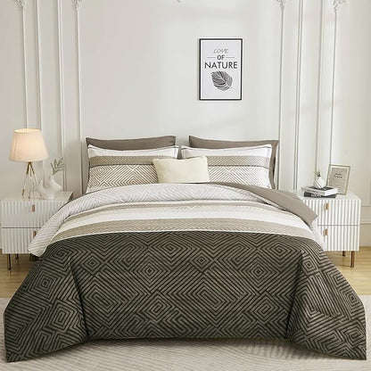 Drucon Brown Comforter Set King Size 7 Piece Bed in a Bag Striped Bedding Set Soft Microfiber Comforter and Sheet Set for All Season (King, 104"x90")