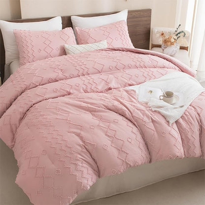 Andency Pink Tufted Comforter Set Full, 3 Pieces(1 Boho Comforter, 2 Pillowcases) Textured Farmhouse Comforter, Soft Microfiber Down Alternative Geometric Bedding Set (79x90Inch)