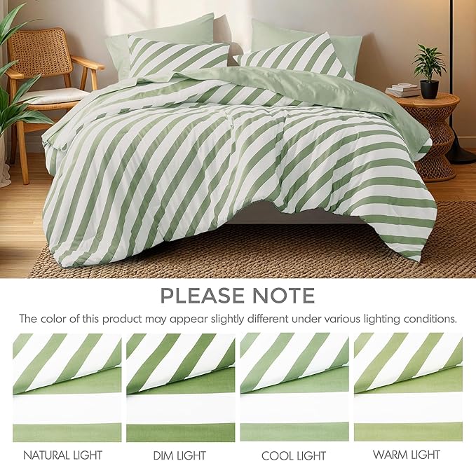 Reversible Striped Queen Comforter Set, Soft Microfiber Bedding Set with Double-sided Stripes Design, Warm & Cozy for All-Seasons, 3-Piece Comforter and Shams Set Queen Size, Sage Green