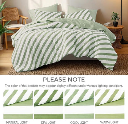 Reversible Striped Twin Comforter Set, Soft Microfiber Bedding Set with Double-Sided Stripes Design, Warm & Cozy for All-Seasons, 2-Piece Comforter and Sham Set Twin Size, Sage Green