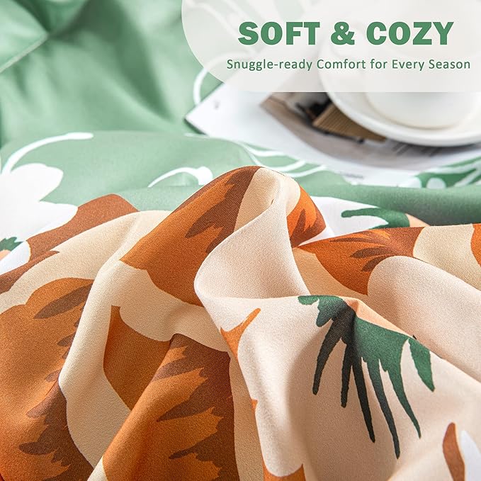 Sage Green Boho Floral King Comforter Set - 3 Piece Farmhouse Botanical Bedding Comforter Sets for All Season Soft Lightweight Mid Century Bed Set, (1 Reversible Comforter and 2 Pillow Shams
