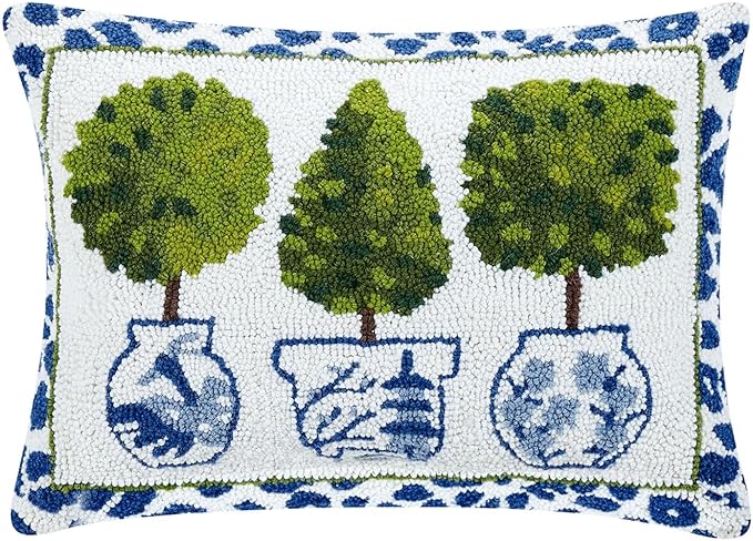 Peking Handicraft Topiaries with Leopard Print Border Hooked Wool 20" x 14" Throw Pillow with Polyfill Insert, Blue/White/Multi