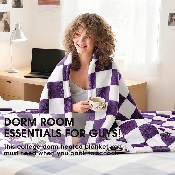 Heated Electric Blanket Throw, 50X60 Heating Blanket with 10 Heat Level & 8 Hours Auto Off for Lap, Deep Purple Checkered Plaid Soft Sherpa Blankets Warmer Gifts for Couch Grandma Women Adults