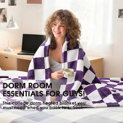Heated Electric Blanket Throw, 50X60 Heating Blanket with 10 Heat Level & 8 Hours Auto Off for Lap, Deep Purple Checkered Plaid Soft Sherpa Blankets Warmer Gifts for Couch Grandma Women Adults