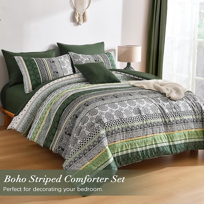 Cottolester Boho Comforter Set King Size,8 Pieces Dark Green Bohemian Striped Bed in a Bag,Paisley Soft Microfiber Bedding Comforter Set