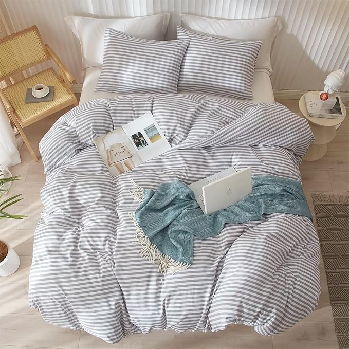 mixinni Striped Comforter Set Full Size - Grey White Stripes Pattern Bedding Set for Women and Men, 3 Pieces Lightweight Bed Sets for All Seasons (1 Soft Fluffy Comforter + 2 Pillowcases)