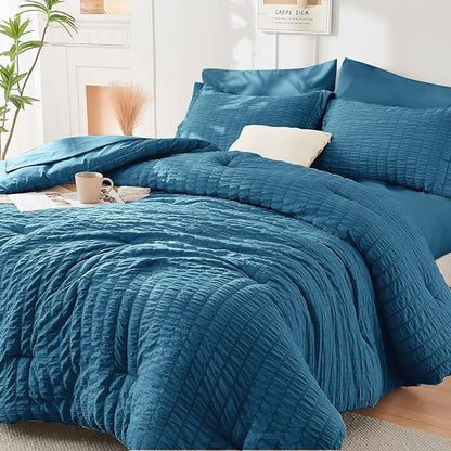 HYMOKEGE Teal Full Size Comforter Sets Seersucker 7 Pieces, All Season Luxury Bed in a Bag for Bedroom, Bedding Set with Comforters, Sheets, Pillowcases & Shams