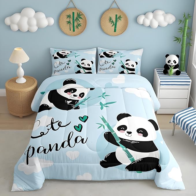 Feelyou Cute Panda Bedding Set Cartoon Panda Comforter Set for Kids Boys Girls Animal Theme Comforter Kawaii Animal Quilt Set Blue 1 Comforter Set with 2 Pillowcases Queen Size