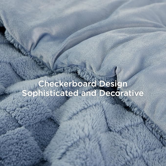 Bedsure Queen Fluffy Comforter Set, Ashley Blue Plush Fleece Bed Set, Checkered Farmhouse Boho Soft Warm Bedding for Winter, 3 Pieces, 1 Comforter (90"x90") and 2 Pillowcases (20"x26")