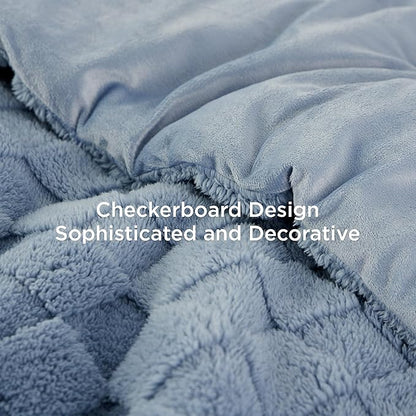 Bedsure Queen Fluffy Comforter Set, Ashley Blue Plush Fleece Bed Set, Checkered Farmhouse Boho Soft Warm Bedding for Winter, 3 Pieces, 1 Comforter (90"x90") and 2 Pillowcases (20"x26")