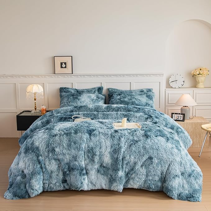 chovy Faux Fur Tie-Dyed Blue White Colorful Comforter Sets King - 3PC Bed Set Ultra Soft Plush Flannel Velvet Fluffy Fuzzy Bedding（Comforter x 1 Pillowcases x 2）