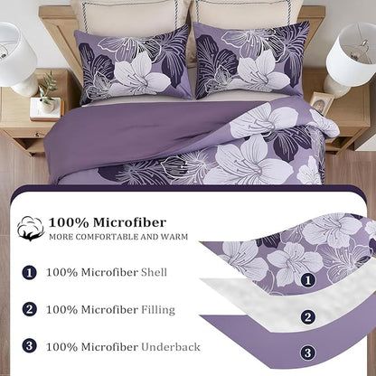 Menghomeus King Size Comforter Set Dark Purple Floral Bedding Comforter Sets Soft Microfiber Bed Comforter Set for All Season, 3 Piece Botanical Flowers Comforter, Pillowcases