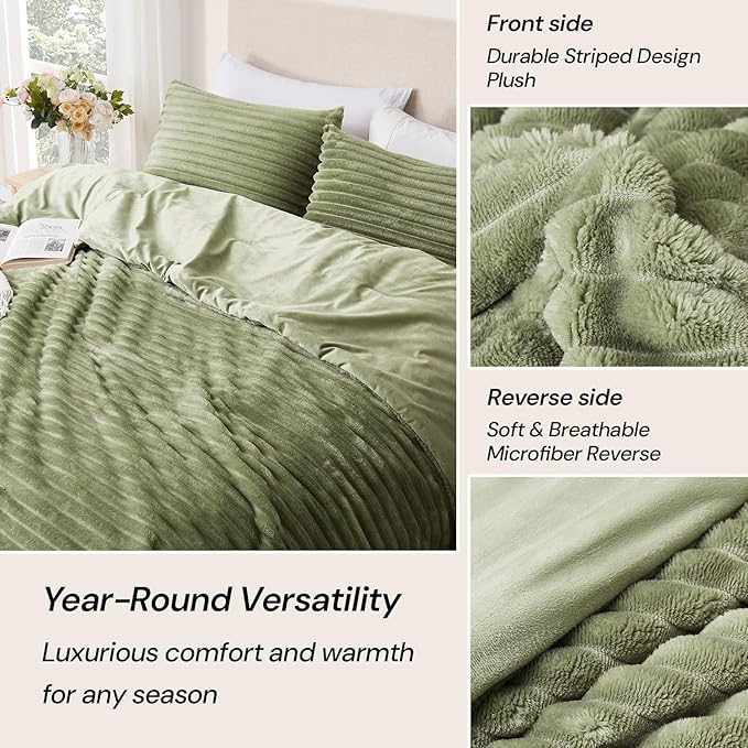 Geniospin Fleece Queen Comforter Set, Soft Fuzzy Queen Bedding Sets, 3-Pieces Green Comforter Set for All Season, Warm Fluffy Comforter with 2 Pillow Cases