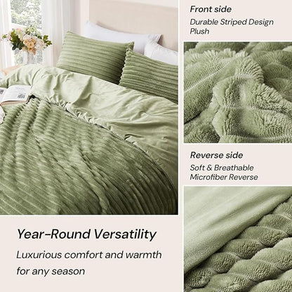 Geniospin Fleece King Size Comforter Set, Soft Fuzzy Fleece King Bedding Set, 3-Pieces Green Comforter Set for All Season, Warm Fluffy Comforter with 2 Pillow Cases