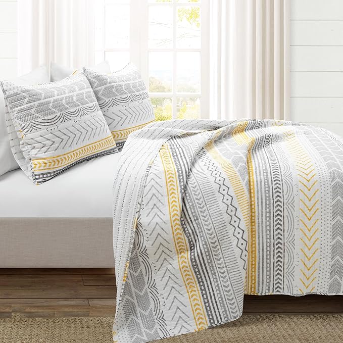Lush Decor Hygge Geo Pattern Striped 3 Piece Quilt Bedding Set, King, Yellow