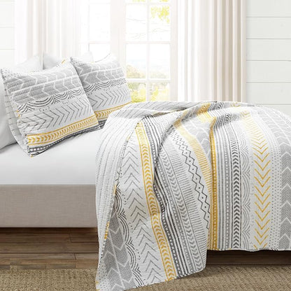 Lush Decor Hygge Geo Pattern Striped 3 Piece Quilt Bedding Set, King, Yellow