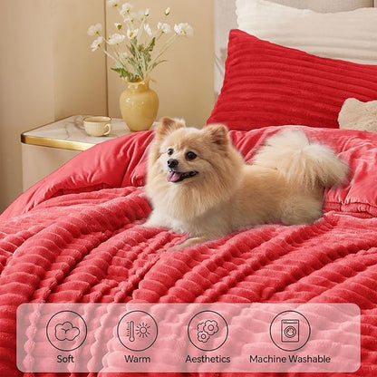 BEDELITE Fleece King Comforter Set -Super Soft & Warm Fluffy Red Bedding, Luxury Fuzzy Heavy Bed Set for Winter with 2 Pillow Cases