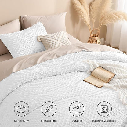 Andency White Comforter Full Size, 3 Pieces Boho Lightweight Fluffy Bedding Comforter Set for Full Bed, Tufted Farmhouse Design Bed Set for All Seasons (1 Comforter 79x90In, 2 Pillowcases)