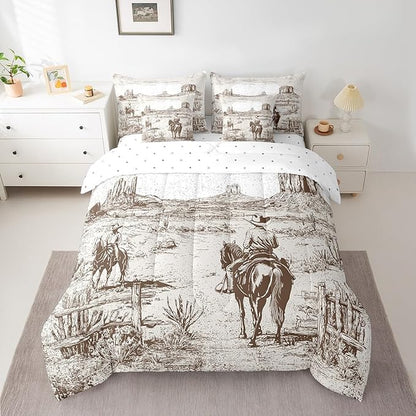 Feelyou Western Decor Comforter Set with Sheets King Size Kids West Cowboy Horse 7 Pieces Bedding Set for Boys Girls Teens Rodeo Cowboy Style Bed in a Bag Breathable Grunge Design Bed Set