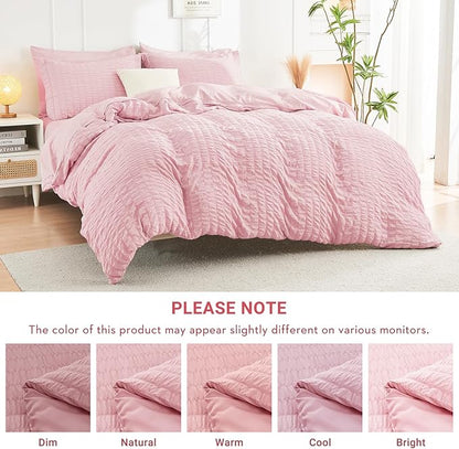 HYMOKEGE Pink Full Size Comforter Sets Seersucker 7 Pieces, All Season Luxury Bed in a Bag for Bedroom, Bedding Set with Comforters, Sheets, Pillowcases & Shams