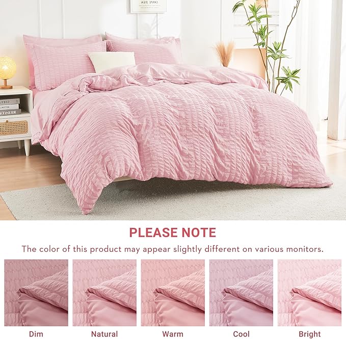 HYMOKEGE Pink Twin Comforter Set Seersucker 5 Pieces, All Season Luxury Bed in a Bag for Bedroom, Bedding Set with Comforters, Sheets, Pillowcase & Sham