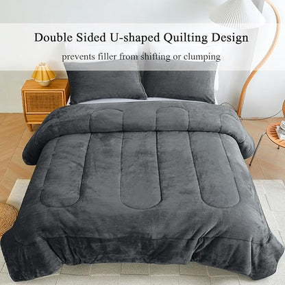 Faux Fur Comforter Set, Ultra Soft Warm Plush Velvet Comforter, Fluffy Fuzzy Fleece Bedding Comforter Sets for Fall Winter, No Shedding, 3PC, Queen Size, Dark Grey