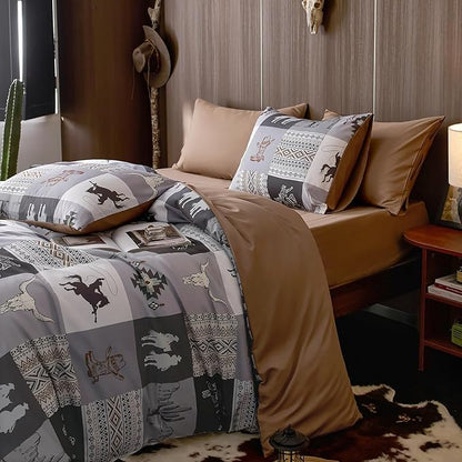 Wake In Cloud - Western Comforter Set, Southwestern Aztec Country Horse Cowboy Rustic Ranch Pattern Printed, Soft Lightweight Bedding, 3 Pieces, Gray Brown, Queen Size