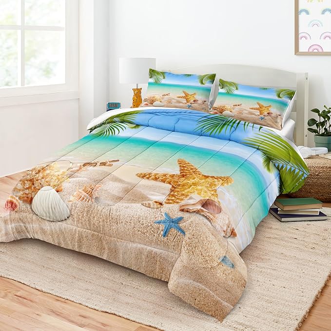MOVE OVER 4 Pieces King Size Ocean Beach Bedding Set Coastal Bedding Set Starfish and Shells Pattern Ocean Comforter Set for Boys Girls and Teens Tropical Palm Tree Printed Beachy Comforter Set
