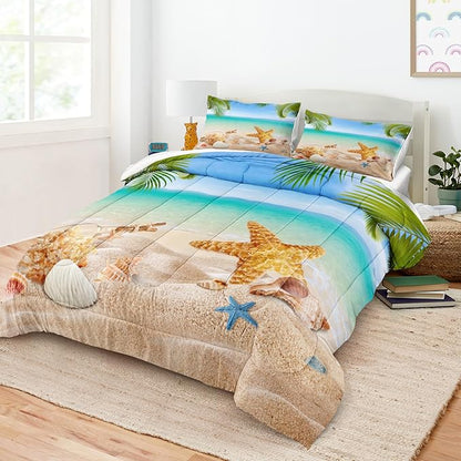 MOVE OVER 4 Pieces King Size Ocean Beach Bedding Set Coastal Bedding Set Starfish and Shells Pattern Ocean Comforter Set for Boys Girls and Teens Tropical Palm Tree Printed Beachy Comforter Set